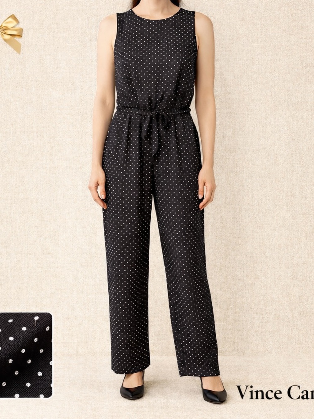Vince Camuto Black Tie-Waist Sleeveless Jumpsuit Polka Dot Size 2